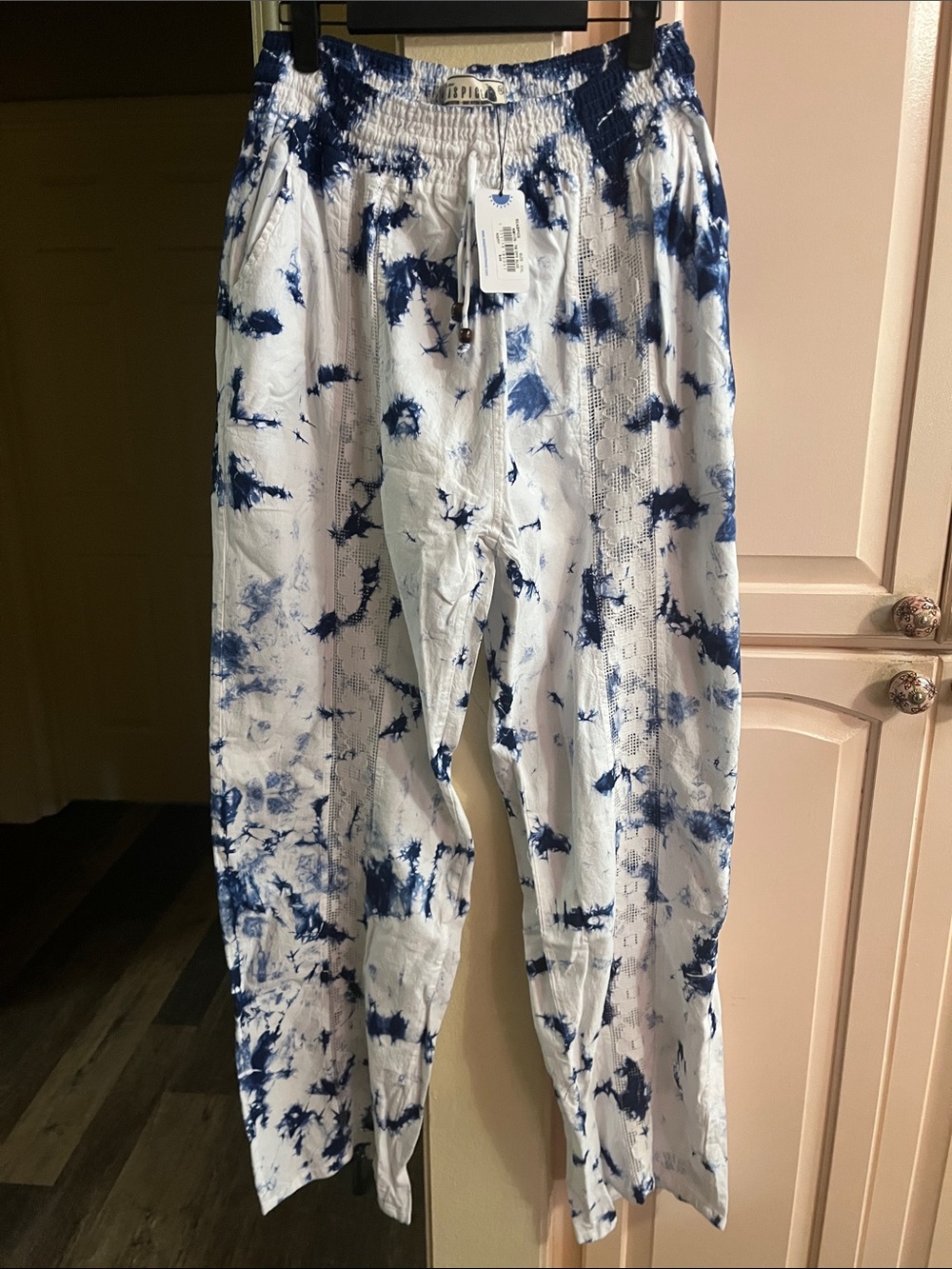 Seaspice Navy & White Tie-Dye crochet resort pants 100% Peruvian cotton